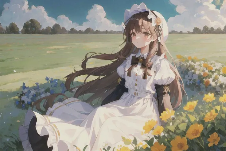 young, young girls, a beautiful girl, perfect face, victorian era, noble dress, gothic style, complicated decoration, soft rim light, beautiful detailed sky, Adonna Khare, masterpiece, ultra high res, high quality, 4k, 2 girls, girl in a distance, hair bow, long hair, outdoors, puffy sleeves, puffy dress, dress, bonnet,ultra-detailed, brown hair, cute dress, big white storm clouds, greenery, colour splash, coloured dress, look in a discatnce, town at horizon, garden, plains, fields, far in distance, <hypernet:sgqo1n:1>, flat chest, no breasts