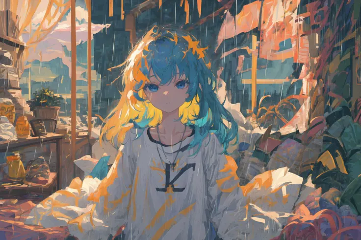 masterpiece,best quality,ultra-detailed,Highest picture quality,
1girl, (solo:1.2),lonely, long multicolored hair,streaked hair, blue eyes,highly detailed skin, navel, orange shirt, Denim shorts, necklace
setting in bed, bedroom,window,
cloudy sky,(overcast sky),(rain:1.2),dusky,Indoor dimness,
chiaroscuro,moody atmosphere,
cool color,(blurry foreground),(upper body),
<lora:ligneClaireStyleCogecha_v40:0.6>