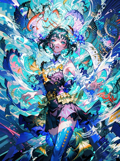 beautiful woman dancing underwater, ((Surrounded by schools of fish):1.6),dress spraying with colors, paint fanned out, paint splatter,wet, water, rim light, vibrant details, elegant, best quality, style-paintmagic, <lora:sunAndShadow_v10:0.5> <lora:yoneyamaMaiStyleLora_yoneyamaMaiV2:0.5>