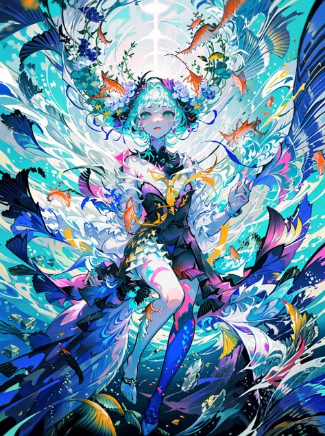 beautiful  woman dancing underwater, ((Surrounded by schools of fish):1.6),dress spraying with colors, paint fanned out, paint splatter,wet, water, rim light, vibrant details, elegant, best quality, style-paintmagic, <lora:sunAndShadow_v10:0.5>  <lora:yoneyamaMaiStyleLora_yoneyamaMaiV2:0.5>