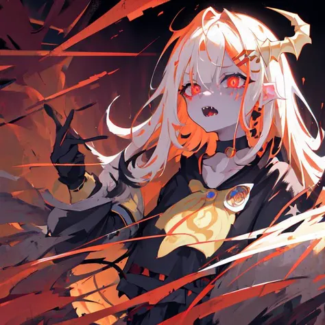 ogre girl,masterpiece, best quality, 1girl,sharp teeth,fangs,choker,two tone eyes,unique shaped pupils,ogre horns,intricate eyes, amazing detail, cinematic lighting, 4k,dark colors, low light, glowing eyes, dim light, dark room