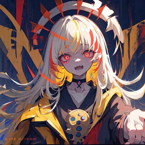 ogre girl,masterpiece, best quality, 1girl,sharp teeth,fangs,choker,two tone eyes,unique shaped pupils,intricate eyes, amazing detail, cinematic lighting, 4k,dark colors, low light, glowing eyes, dim light, dark room, black hair