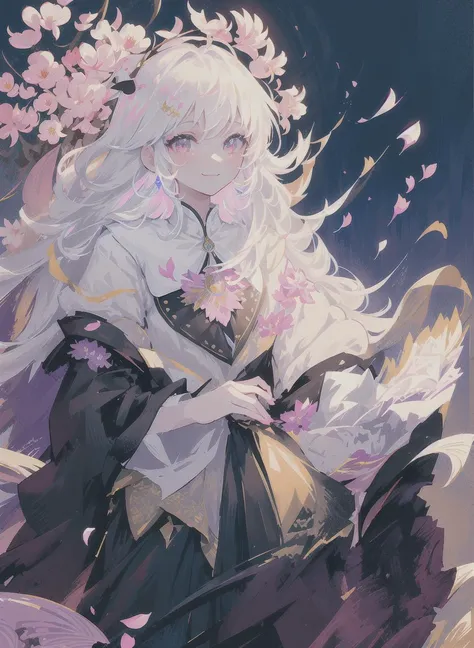 masterpiece, best quality, 1girl, (colorful),(finely detailed beautiful eyes and detailed face),cinematic lighting,bust shot,extremely detailed CG unity 8k wallpaper,white hair,solo,smile,intricate skirt,((flying petal)),(Flowery meadow) sky, cloudy_sky, building, moonlight, moon, night, (dark theme:1.3), light, fantasy