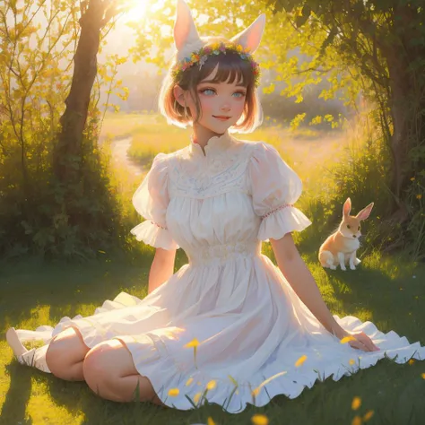 ((masterpiece,best quality)),,( (HD picture)),1girl, solo,((beatiful clear detailed face)),((beatiful detailed eyes)),(beautiful detailed eyelash),animal ears, rabbit, barefoot, knees up, dress, sitting, rabbit ears, short sleeves, looking at viewer, grass, short hair, smile, white hair, puffy sleeves, outdoors, puffy short sleeves, bangs, on ground, full body, vintage dress, sunlight, brown eyes, dappled sunlight, day, depth of field,, hair decoration,exquisite hair,intricate hair ornament, jewelry , soft lighting,gorgeous light and shadow, stunning environment,vibrant colors