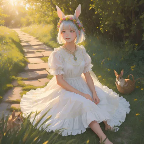 ((masterpiece,best quality)),,( (HD picture)),1girl, solo,((beatiful clear detailed face)),((beatiful detailed eyes)),(beautiful detailed eyelash),animal ears, rabbit, barefoot, knees up, dress, sitting, rabbit ears, short sleeves, looking at viewer, grass, short hair, smile, white hair, puffy sleeves, outdoors, puffy short sleeves, bangs, on ground, full body, vintage dress, sunlight, brown eyes, dappled sunlight, day, depth of field,, hair decoration,exquisite hair,intricate hair ornament, necklace , soft lighting,gorgeous light and shadow, stunning environment,vibrant colors