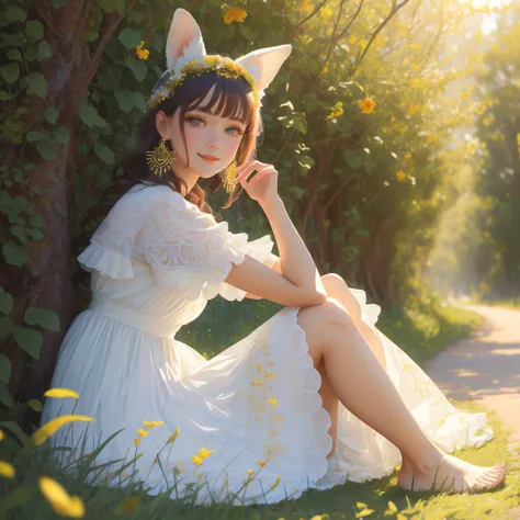 ((masterpiece,best quality)),,( (HD picture)),1girl, solo,((beatiful clear detailed face)),((beatiful detailed eyes)),(beautiful detailed eyelash),animal ears, rabbit, barefoot, knees up, dress, sitting, rabbit ears, short sleeves, looking at viewer, grass, short hair, smile, white hair, puffy sleeves, outdoors, puffy short sleeves, bangs, on ground, full body, vintage dress, sunlight, brown eyes, dappled sunlight, day, depth of field,, hair decoration,exquisite hair,intricate hair ornament, earrings , soft lighting,gorgeous light and shadow, stunning environment,vibrant colors
