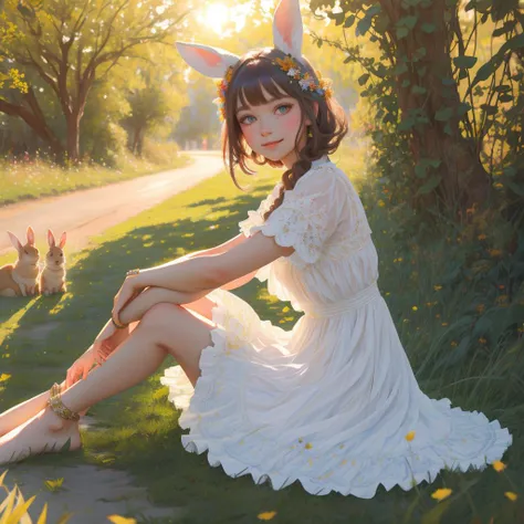 ((masterpiece,best quality)),,( (HD picture)),1girl, solo,((beatiful clear detailed face)),((beatiful detailed eyes)),(beautiful detailed eyelash),animal ears, rabbit, barefoot, knees up, dress, sitting, rabbit ears, short sleeves, looking at viewer, grass, short hair, smile, white hair, puffy sleeves, outdoors, puffy short sleeves, bangs, on ground, full body, vintage dress, sunlight, brown eyes, dappled sunlight, day, depth of field,, hair decoration,exquisite hair,intricate hair ornament, jewelry , soft lighting,gorgeous light and shadow, stunning environment,vibrant colors