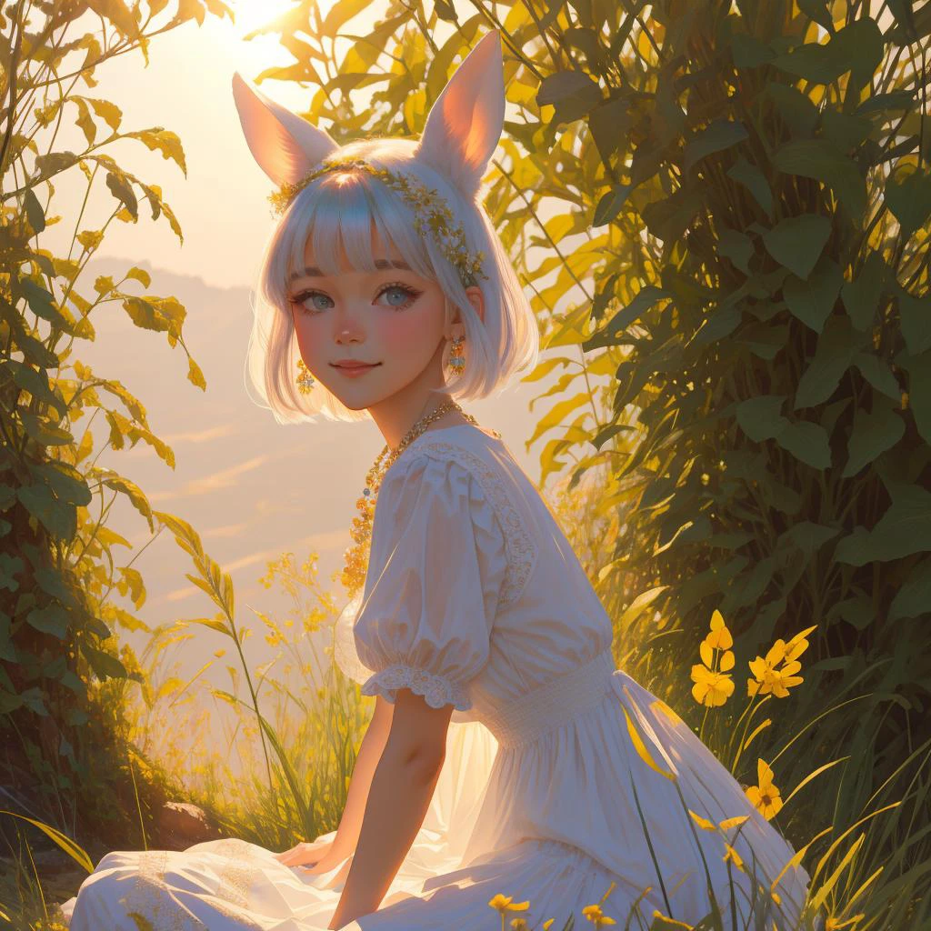 ((masterpiece,best quality)),,( (HD picture)),1girl, solo,((beatiful clear detailed face)),((beatiful detailed eyes)),(beautiful detailed eyelash),animal ears, rabbit, barefoot, knees up, dress, sitting, rabbit ears, short sleeves, looking at viewer, grass, short hair, smile, white hair, puffy sleeves, outdoors, puffy short sleeves, bangs, on ground, full body, vintage dress, sunlight, brown eyes, dappled sunlight, day, depth of field,, hair decoration,exquisite hair,intricate hair ornament, necklace , soft lighting,gorgeous light and shadow, stunning environment,vibrant colors