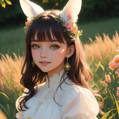 ((masterpiece,best quality)),,( (HD picture)),1girl, solo,((beatiful clear detailed face)),((beatiful detailed eyes)),(beautiful detailed eyelash),animal ears, rabbit, barefoot, knees up, dress, sitting, rabbit ears, short sleeves, looking at viewer, grass, short hair, smile, white hair, puffy sleeves, outdoors, puffy short sleeves, bangs, on ground, full body, vintage dress, sunlight, brown eyes, dappled sunlight, day, depth of field,, hair decoration,exquisite hair,intricate hair ornament, earrings , soft lighting,gorgeous light and shadow, stunning environment,vibrant colors