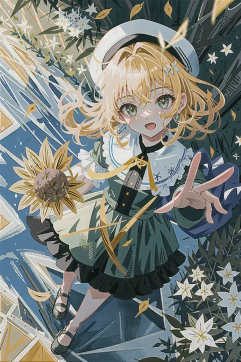masterpiece, best quality, highly detailed, 1girl, young woman, painting of a girl (((trying to reach a flower on a tree))), (hand trying to reach the flower), ((hand close of camera)), (((foreshotening on hand))), (from above:1.9), perfect face, (orange hair), (bangs), (green eyes), summer dress, summer hat, concentrated face, (((camera focus on girl's face))), colorful, colorful lightning, yellow flower, 8k wallpaper, perspective, depth of field