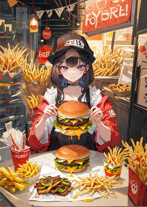 Top quality, burger, french fries, food poster, promotion, graphic design,