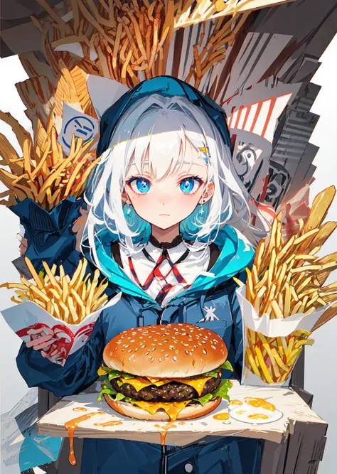 Highest quality, burger,girl, french fries, food poster, promotion, flat design, simple background