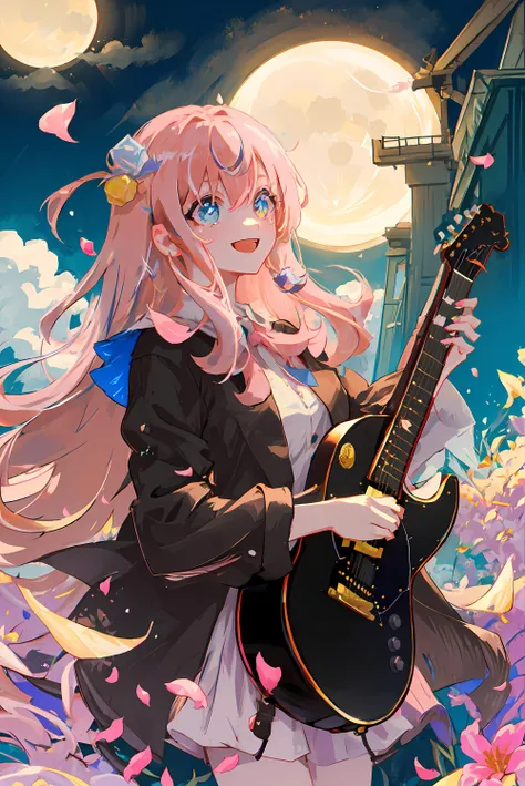 masterpiece, best quality, 1girl, (colorful),(finely detailed beautiful eyes and detailed face),cinematic lighting,bust shot,extremely detailed CG unity 8k wallpaper,solo,smile,((flying petal)),(Flowery meadow) sky, cloudy_sky, building, moonlight, moon, night, (dark theme:1.3), light, fantasy, <lora:gotohHitoriBocchiThe_v10:0.7>,gotou1, gotou hitori,((holding instrument, guitar)),(pink hair:1.1),