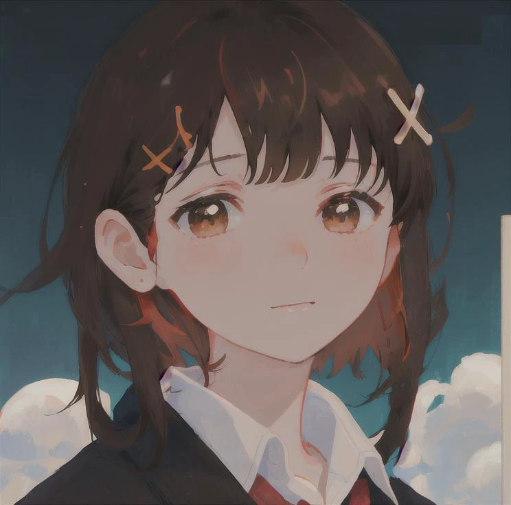 1girl, bangs, brown_eyes, brown_hair, closed_mouth, collared_shirt, hair_ornament, hairclip, iwakura_lain, looking_at_viewer, red_hair, school_uniform, shirt, short_hair, smile, solo, white_shirt, x_hair_ornament