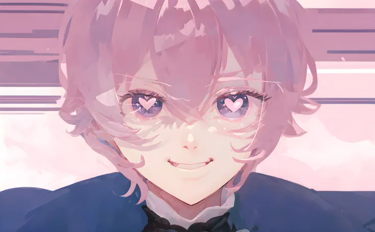 extremely detailed, masterpiece, stars, particles, grey eyes, silver eyes, 1boy, male, solo, smile, pink hair, (animal ears), turtleneck, (symmetrical horns), heart eyes, heart shape symbols, symbol-shaped eyes, ((closed mouth)), lineart