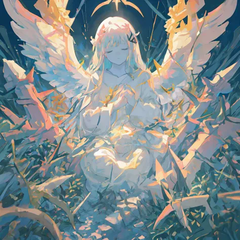 [angel statue on a postament:angel:0.2], praying woman stone statue, [hands closed in prayer], [(angelic wings), robe::0.2], [[overgrowth vegetation]:((overgrowth vegetation)):0.2], serene beautiful face, [overcast sky, god rays:(god rays):0.4], [deserted graveyard ruins, forsaken monastery, forged fence:broken gravestones, (crumbling ruins), (desolation):4], raw photo, Fujifilm XT3, Canon EOS R5, sharp focus, depth of field, [pale colors:ultra detailed, high contrast:0.4]