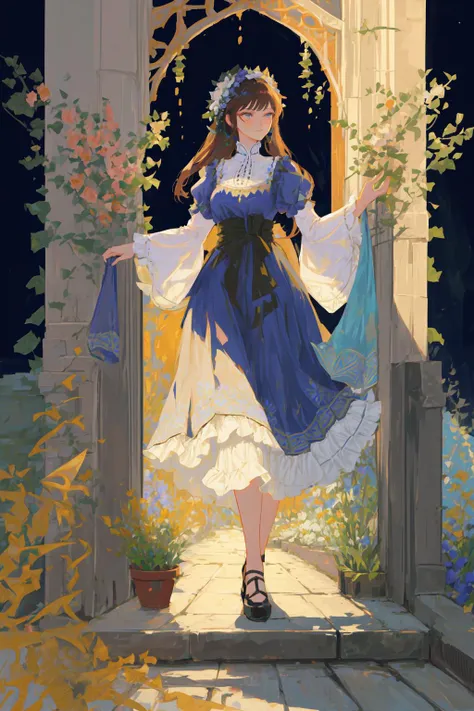 a beautiful woman in her twenties, perfect face, [(detailed face), ((detailed facial features)):0.4], [full body::0.4], victorian era dress, [ball gown::0.4], garden, [sky::0.4], masterpiece, high quality, best quality, [delicate pattern, intricate detail, [soft rim light], detailed foliage, flowers:0.4], garden alcove bower