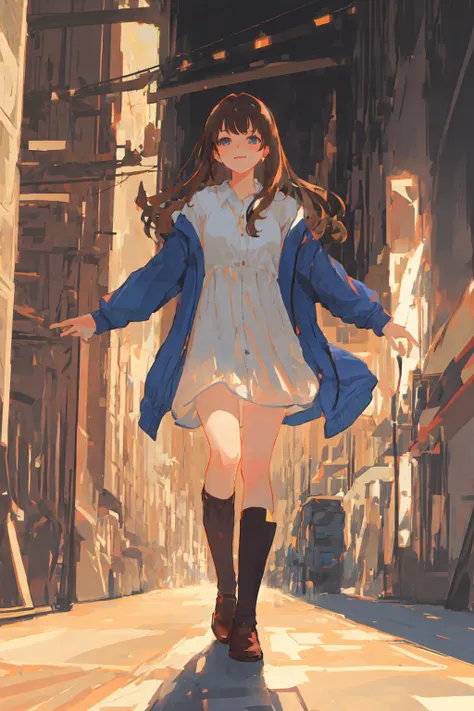 beautiful brown-haired woman photo, high resolution, portrait, [white dress, dark blue cardigan::0.6], [long shot, full body, relaxed pose::0.4], [detailed face, serene smile, blue eyes, white skin, no makeup:0.4], [[brown leather boots, [business|good] style, attractive body::0.6]:0.2], [looking at the [camera|viewer], studio lighting, indirect light:0.4], [intricate details, fine details:0.6], best quality, studio quality, city background