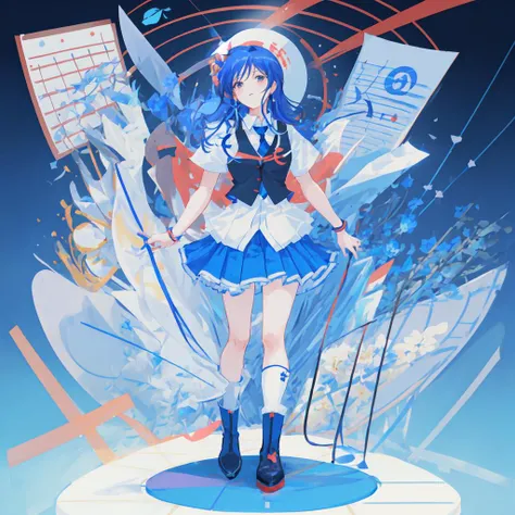 kisaragi chihaya, solo, 1girl, [white background, blue triangle background:((musical notation)) vector background:0.2], anime, idolmaster, singing, long blue hair, brown eyes, idol, floral outfit, knee length skirt, long blue skirt, white shirt, black waistcoat, black vest, red necktie, black boots