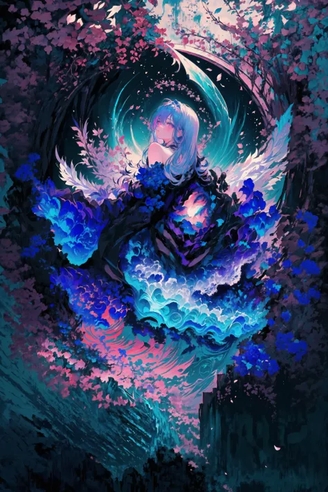 (masterpiece, top quality, best quality, beautiful and aesthetic:1.2), (1girl:1.3), extreme detailed, (colorful:1.1), (colorful background1:1), (#30b3ff:1.5), (#fa52f4:1.1), highest detailed, weapon, holding weapon, (glowing weapon),  <lora:planetSimulatorLora_:1.0>, <lora:LohaMorningGlory_lohaV10:1.0>,  <lora:Blacklight_v1:0.9>, detailed background, water, flowers, masterpiece, 8k
