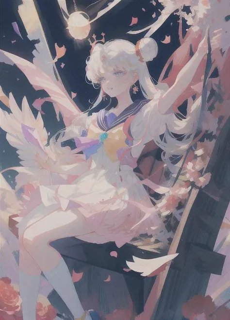 mksks style, sailor moon, sailor moon anime, star crown, pink outfit, magical, stars, universe, particles, a thousand of particles, sky, night, gorgeous lighting, perfect, masterpiece, colorful, vibrant, star chest piece, magical rainbow colors, perfect anatomy, blue star eyes, diamond pupils, water eyes, perfect eyes, ultra realistic eyes, particle background, majestic background, flower pedals, wind, colorful background, roses, flowers, amazing background stars, millions of tiny stars, pink, red, blue, purple, orange, green, white, wind flying upwards, hair flying up, dress flying up, wind collision, detailed background, masterpiece background, particles swarming, particles surrounding girl, rainbow colors, intense wind, confetti, flying ribbons, bubbles, white hair, shiny, butterflys, sitting, space bun hair, galaxys,