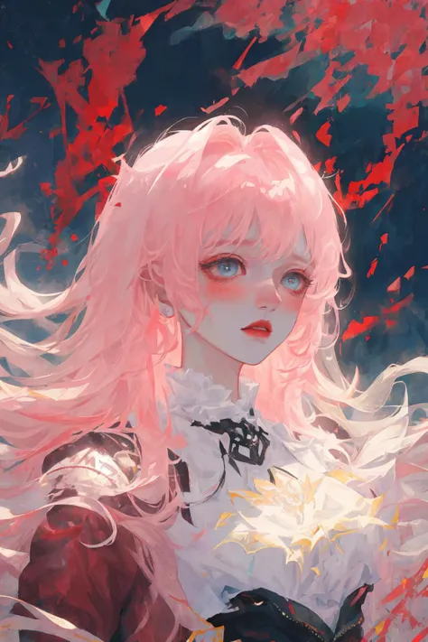 (1girl),long hair, gothic, organza lace,Gorgeous and fussy clothes,gothic, flying, pink, white, (colorful)
bold strokes, gradient blends, motion blur, shimmering textures, dynamic composition, atmospheric perspective, impressionistic, 
(masterpiece), (best quality), Amazing, (beautiful detailed eyes), (finely detail), Depth of field, extremely detailed CG, original, extremely detailed wallpaper, (vivid colors), cinematic lighting,  (colorful), blush,  upper body, portrait, <lora:fashionGirl_v50:0/7>, (red lips: 0.6)