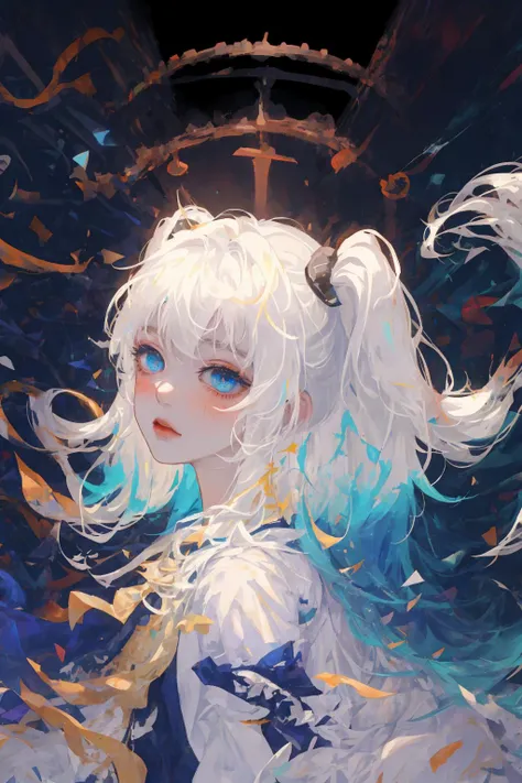 (1girl),gothic,twintails,white hair, organza lace,Gorgeous and fussy clothes,gothic, flying, blue, (colorful)
bold strokes, gradient blends, motion blur, shimmering textures, dynamic composition, atmospheric perspective, impressionistic, 
(masterpiece), (best quality), Amazing, (beautiful detailed eyes), (finely detail), Depth of field, extremely detailed CG, original, extremely detailed wallpaper, (vivid colors), cinematic lighting,  (colorful), blush,  <lora:fashionGirl_v50:1>