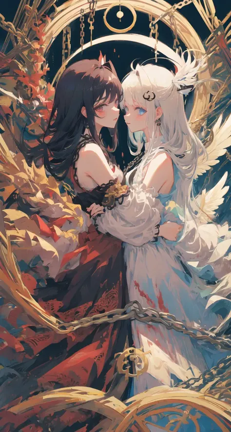 (Highest picture quality),(Master's work),(ultra-detailed),the portrait is centered,(2girls),(from side:1.1),(facing viewer:1.3), outdoors, bare back, close-up, bare shoulders, (baroque architecture background), chain, cloud, (angel wings), (torn clothes), (lace), mad, crazy, magic circle, hands,white dress, nimbus, (angel and devil), blood, fire