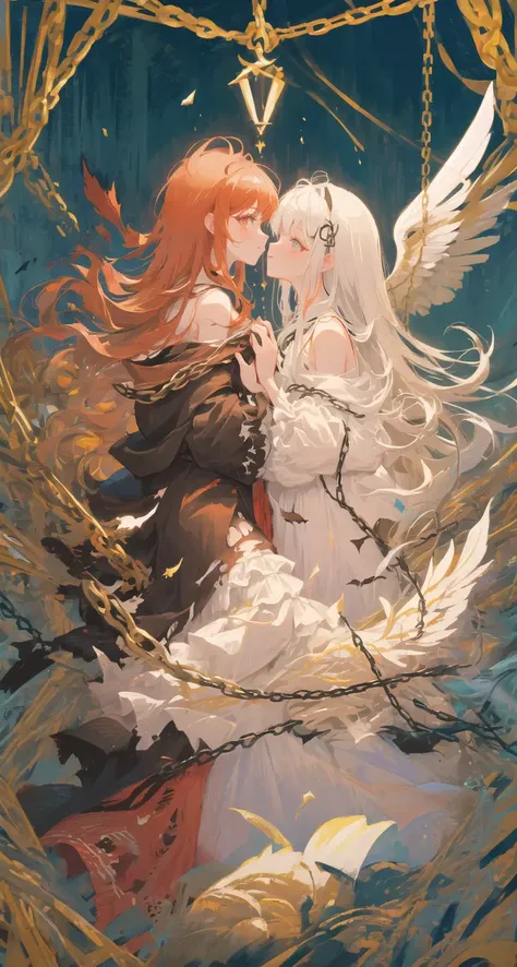 (Highest picture quality),(Master's work),(ultra-detailed),the portrait is centered,(2girls),(from side:1.1),(facing viewer:1.3), outdoors, bare back, close-up, bare shoulders, (baroque architecture background), chain, cloud, (angel wings), (torn clothes), (lace), mad, crazy, magic circle, hands,white dress, nimbus, angel and devil, blood, fire