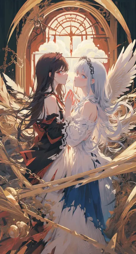 (Highest picture quality),(Master's work),(ultra-detailed),the portrait is centered,(2girls),(from side:1.1),(facing viewer:1.3), outdoors, bare back, close-up, bare shoulders, (baroque architecture background), chain, cloud, (angel wings), (torn clothes), (lace), mad, crazy, magic circle, hands,white dress, nimbus, (angel and devil), blood, fire