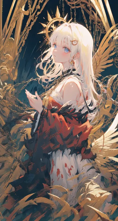 (Highest picture quality),(Master's work),(ultra-detailed),the portrait is centered,(2girls),(from side:1.1),(facing viewer:1.3),  outdoors, bare back, close-up, bare shoulders, (baroque architecture background), chain, cloud, (angel wings),  (torn clothes), (lace), mad,  crazy, magic circle, hands,white dress, nimbus, (angel and devil), blood, fire