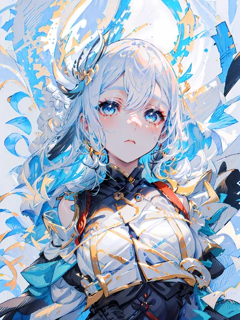 (white background:2), (stone:1.4), mksks style, (masterpiece, (best quality:1.3)), no background, jirai fashion, detailed clothes texture, shenhedef, shenhernd, (large breast:1.1), 1girl, wide shot, medium close up, half body, white hair, long hair, detailed hair ornament, closed mouth, (tired eyes),