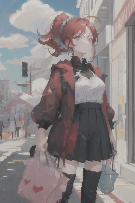 Milly\(milly)\, ponytail, red eye, large breasts <lora:Milly_The_Aristocrat_s_Otherworldly_Adventure_Serving_Gods_Who_Go_Too_Far-000006:0.45>,clothing,mall, masterpiece, more details, more lines, best quality, posing, more colors