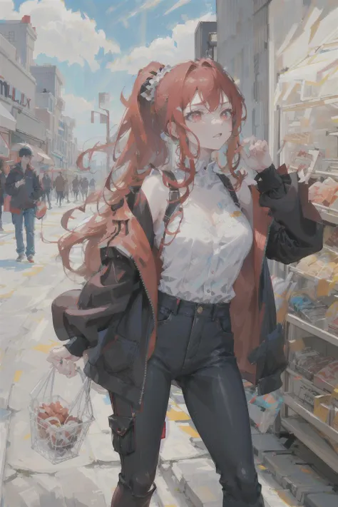 Milly\(milly)\, ponytail, red eye, large breasts, red hair <lora:Milly_The_Aristocrat_s_Otherworldly_Adventure_Serving_Gods_Who_Go_Too_Far-000006:0.45>,clothing,mall, masterpiece, more details, more lines, best quality, posing, more colors