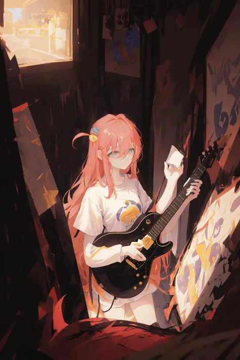 (masterpiece), (best quality), Depth of field, extremely detailed CG, original, extremely detailed wallpaper,
1girl, gotou1, gotou hitori, solo, hair between eyes, white shirt, <lora:gotou_hitori_v1:0.73>, holding instrument, guitar,
dusky, Indoor dimness, chiaroscuro, moody atmosphere, cool color,(blurry foreground), fantasy,