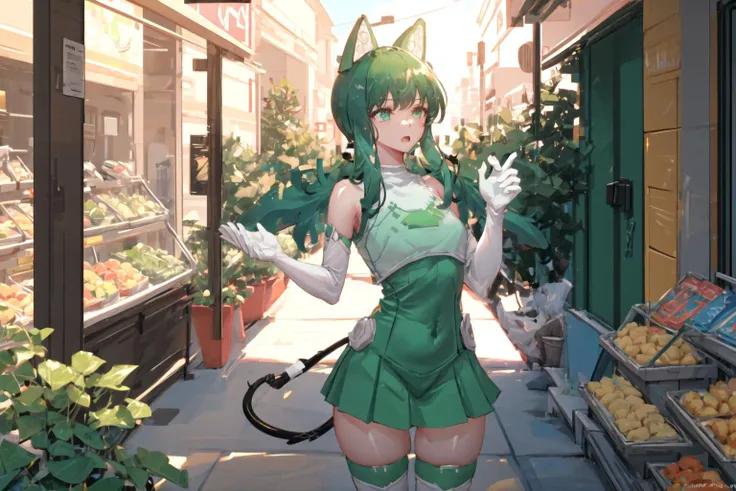 (unreal engine,3d,cg,ray tracing,rtx on,ambient occulsion,v-sync,ultra graphics quality,antialiasing,hdr,rtx 4090 ultra graphics settings,8x msaa,ultra shadow quality,super sampling),(Batshit insane quality),(masterpiece, best quality:1.2),1girl,<lora:androidchan-nvwls-v1:1> android-chan,green dress,elbow gloves,green thighhighs,tail,Pointing Pose,foodgasm:1.2,bunny pose:1.3,large breasts,(highly detailed hands:1.3)