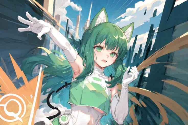 (unreal engine,3d,cg,ray tracing,rtx on,ambient occulsion,v-sync,ultra graphics quality,antialiasing,hdr,rtx 4090 ultra graphics settings,8x msaa,ultra shadow quality,super sampling),(Batshit insane quality),(masterpiece, best quality:1.2),1girl,<lora:androidchan-nvwls-v1:1> android-chan,green dress,elbow gloves,green thighhighs,tail,Wrapped in a Sheet Pose,awesome face:1.2,fidgeting:1.3,large breasts,
fairy tale fantasy,landscape with movement,cloud forest