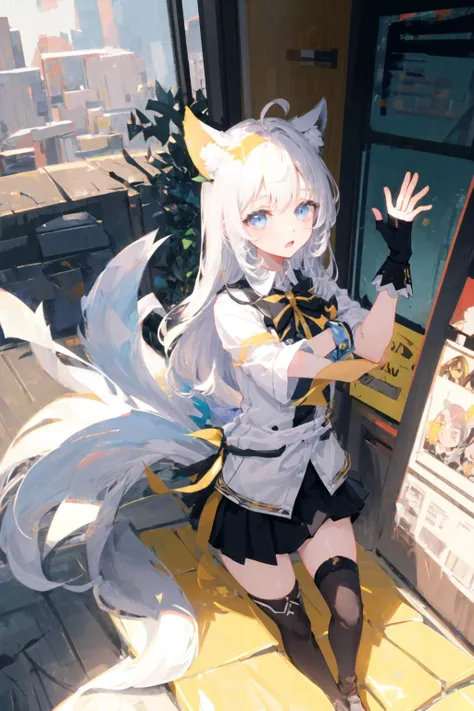 (unreal engine,3d,cg,ray tracing,rtx on,ambient occulsion,v-sync,ultra graphics quality,antialiasing,hdr,rtx 4090 ultra graphics settings,8x msaa,ultra shadow quality,super sampling),(Batshit insane quality),(masterpiece, best quality:1.2),1girl,<lora:Iphone-ChanV1:0.9>. phnChan,(tail:1.3),animal_ears,white_hair,grey_eyes,fingerless_gloves,thighhighs,bow,letter pose,| |,