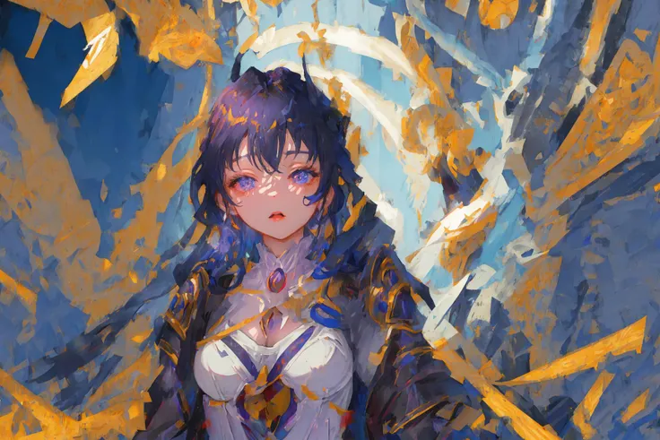masterpiece, best quality, ultra-detailed, illustration, 1girl, <lora:shogun_boss:1>, porcelain doll, arc, beam, effects, chaos <lora:NijiExpressV2:0.2>