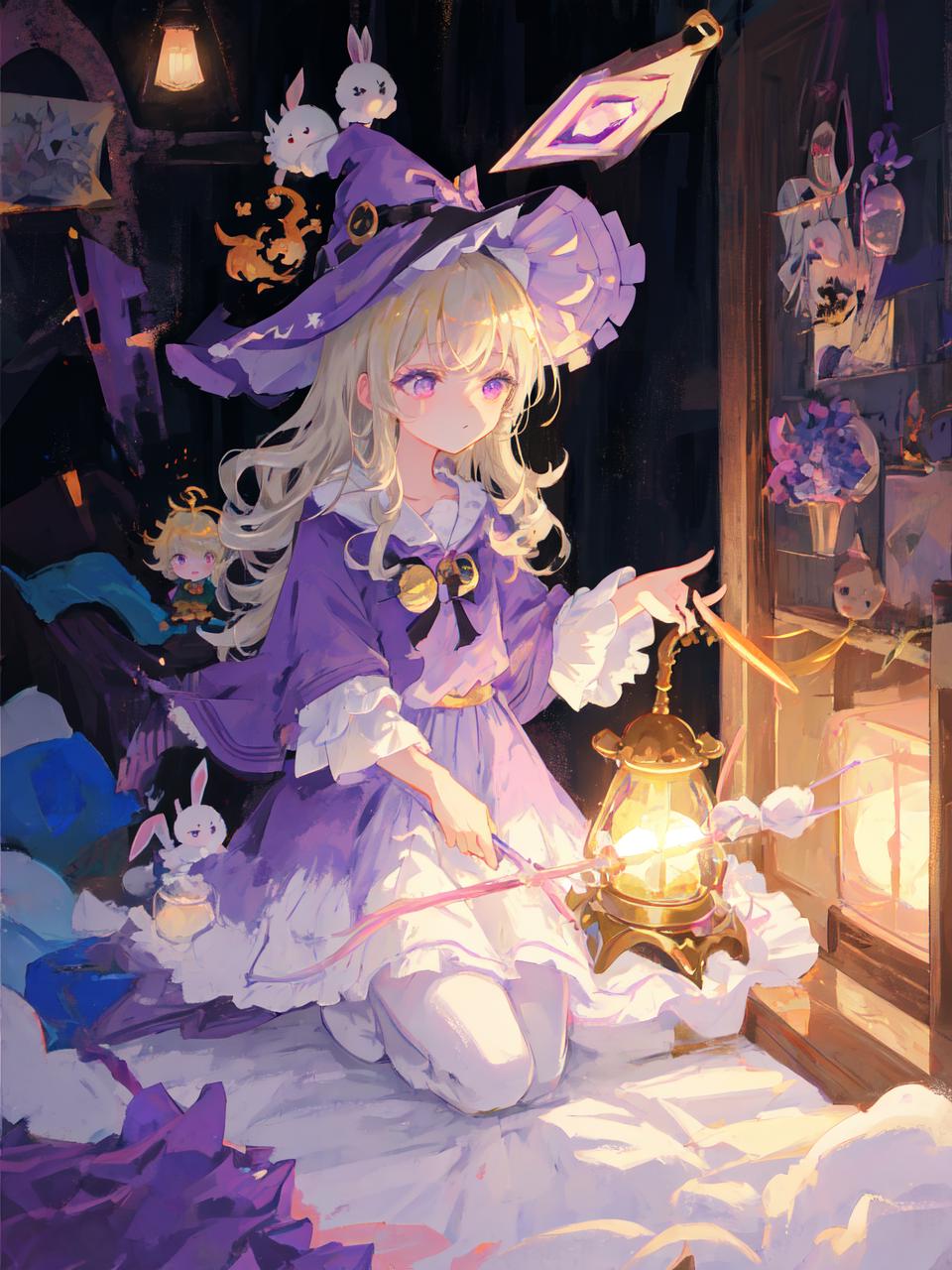 Anime girl in purple dress sitting on bed with lantern and stuffed ...