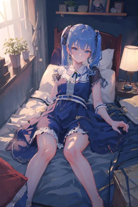 (highly detailed:1.3),
1girl, solo, light smile, indoors, bed, on bed,
<lora:HoshimachiSuiseiV2:1>, HoshimachiSuisei, side ponytail, long hair, blue hair ribbon, nightgown,
Ultra-detail, (highres:1.1), best quality, (masterpiece:1.3), cinematic lighting,