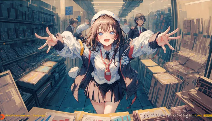 (masterpiece, best quality:1.1), detailed face, 1girl, in retro game shop,
, lighty smile, open lips, detailed eyes,
black hair, white blouse, blue eyes, chair, computer, formal suit, open jacket,
long hair, long_sleeves, , necktie, (pencil skirt:1.0), mini skirt,
(thick screen), stripe sleeves, (lanyard on neck),
looking at viewer, looking_up, (from above:0.8), (fisheye:1.0), leaning forward,
<lora:Retro_Anime_Style:0.2>, <lora:add_detail:1.1>