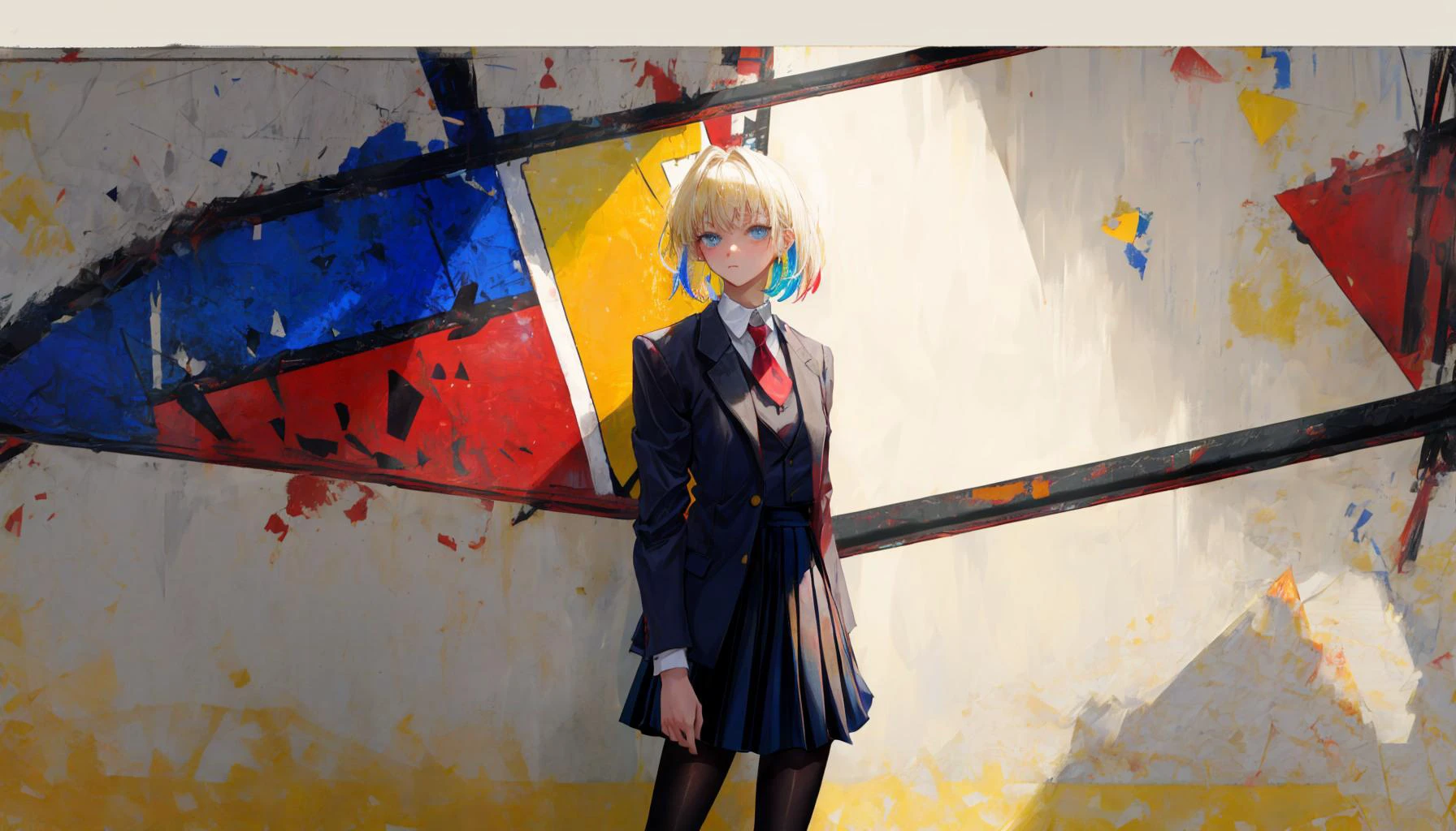 (masterpiece, best quality:1.1), detailed face, a girl is standing at left away from the wall. of one red, yellow, blue, black and white colored and squared picture by piet mondrian,
(detailed picture:1.2) , colorful picture, (looking at viewer:1.3),
, solo, detailed face, style anime,
(<lora:Piet_Mondrian_V02:1.2>:1.2) , simple gray floor, (simple wall:1.2),
(from side:0.8),
blonde hair,, short hair, formal suit, mini skirt, black pantyhose,
<lora:add_detail:1> <lora:detail_slider_v4:1>