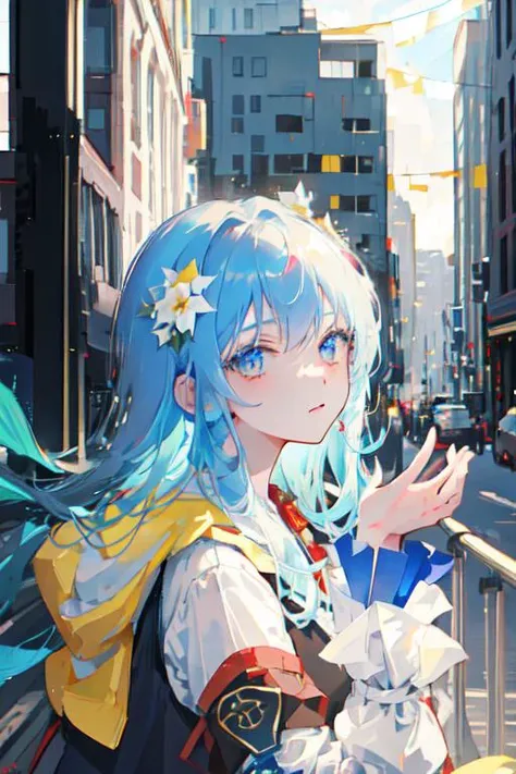 1girl, long hair, pale skin, light blue hair, medium breasts, blue oversized coat, the sleeves cover the hands, (blue), yellow, (red carpet), (city: 1.12), surrounded by buildings, castle, fortress, (in the studio: 1.2), flowers, glass curtain, glass railing, (close-up of the face: 1.2), sci-fi, (nighttime city lights, night), highly detailed buildings