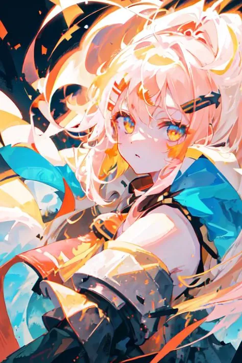 1girl, long hair, hair clip, pale skin, medium breasts, oversized coat, sleeveless top, shorts, midriff, blue, yellow, red, orange, light pink, green, castle, city wall, stone wall, turret, cannon, magma, lava, cloud, sunlight, (explosion), (close-up of the face: 1.12)