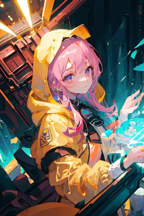 1girl, long hair, pale skin, medium breasts, yellow oversized hooded coat, the sleeves cover the hands, in the factory, iron plate, iron pillar, iron wall, electric current, water pipe, blue, [purple], [orange], [aqua], [pink], [red], cube, (close-up of the face: 1.2), fire, machinery, conveyor, blade, gear, (perfect lighting)