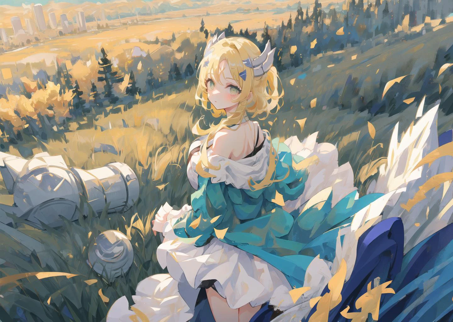 masterpiece,best quality,ultra-detailed,illustration,(1girl),beautiful detailed eyes,looking at viewer,close up,(breast focus),(arms behind back:1.2),(from above:1.1),huge breasts,(breasts out:1.3),(off shoulder:1.1),aqua eyes,blonde hair,((messy hair)),(grassland),(yellow eyes),incredibly absurdres,(gold hair),floating hair,Large number of environments,the medieval,grace,prospect,water eyes,wind,breeze,god ray,lawn,Mountains and lakes in the distance,The sun shines through the trees,A vast expanse of grassland,<lora:è¨ç·´:0.5>,silver shield,2horns,<lora:ekurishia:0.3>,
