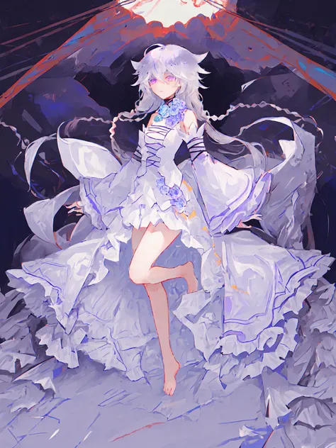 <lora:Will_of_the_Abyss:1>, will_of_the_abyss, flower, detached sleeves, frills, braid, twin braids ,white dress, breasts, 1girl, solo, barefoot, long hair, purple eyes, (exceptional, best aesthetic, best quality, masterpiece, extremely detailed),