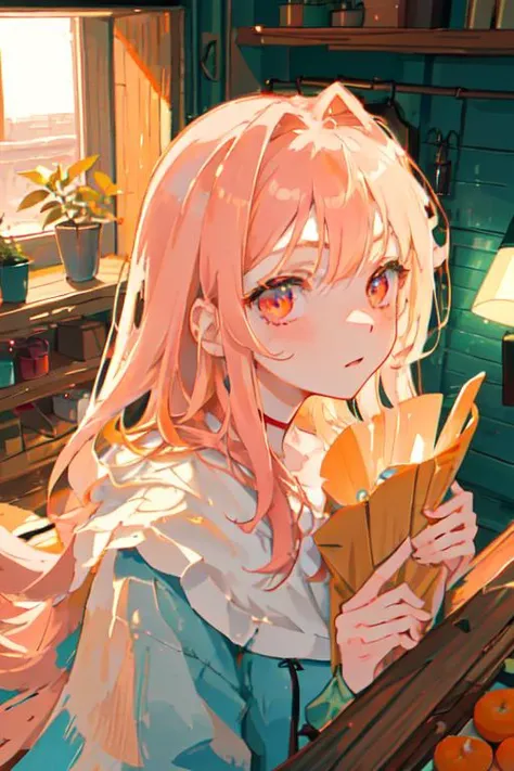 1girl, long hair, pale skin, medium breasts, oversized coat, short, (in the wooden house: 1.15), (indoor: 1.5), yellow, pink, [orange], [aqua], [blue], [red], wooden table, wooden wall, (close-up of the face: 1.2), potted plant, strong sunlight