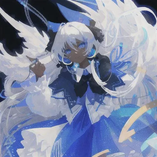 high fantasy black girl, dark skin, with long silver pigtails and blue eyes, wearing a blue and white dress. light coloured multi coloured star background. happy look on face.